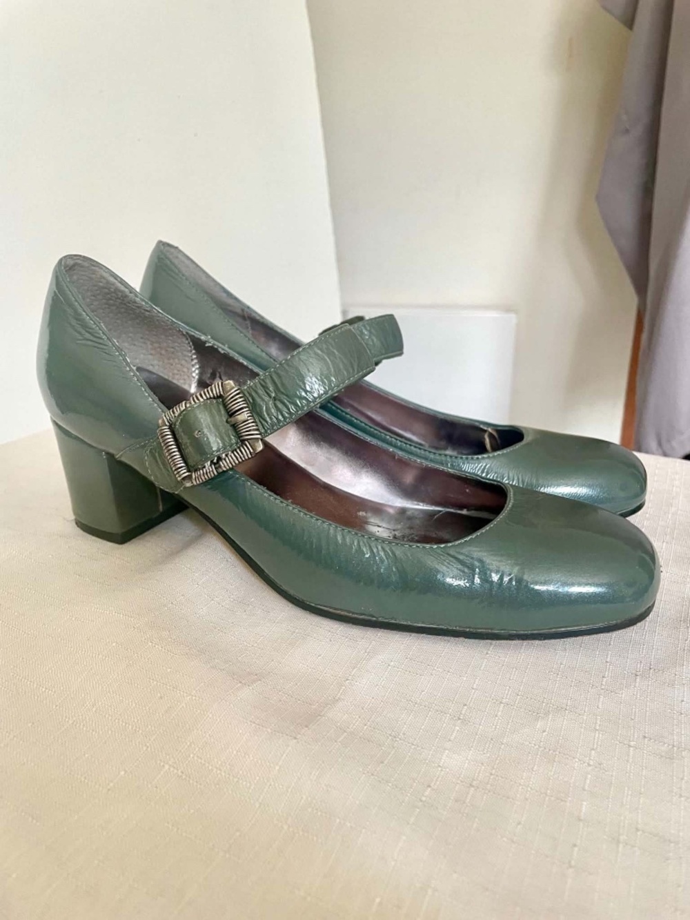 Sage Green Patent Mary Jane Block Heel Pumps "Clueless" Style 7.5
